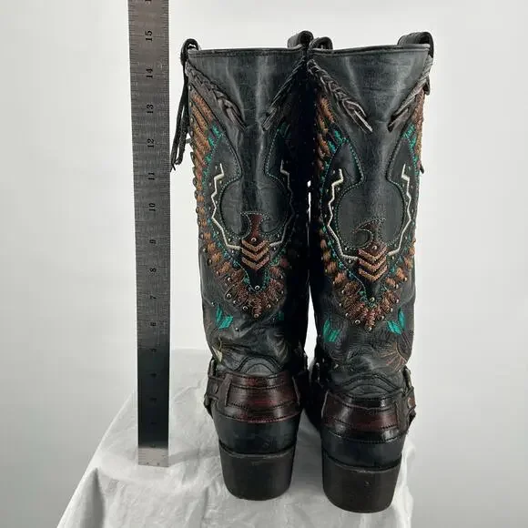 Women's Black Corral Eagle Overlay w/ Embroidery & Harness Biker Boots 10M A3616 - Picture 6 of 9